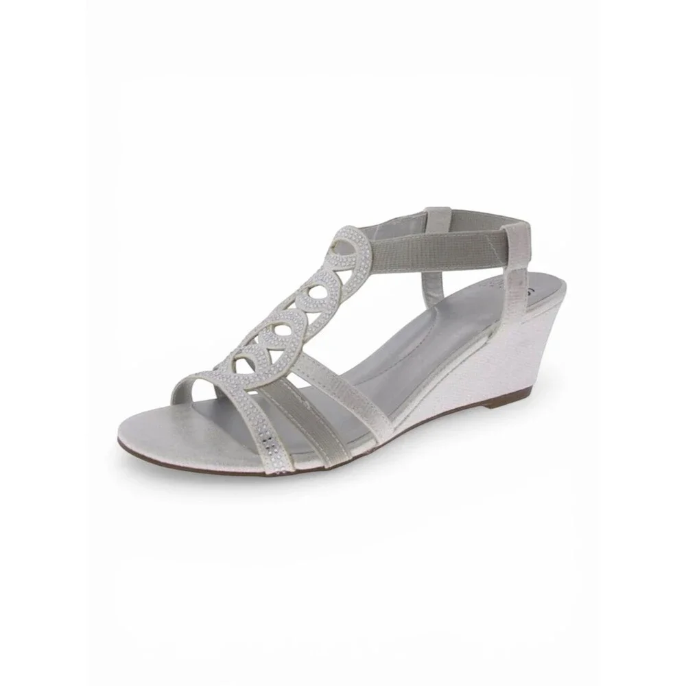 Jones New York Denice Strappy Bling Wedge Sandals Elastic Ankle Silver 7.5 NEW
